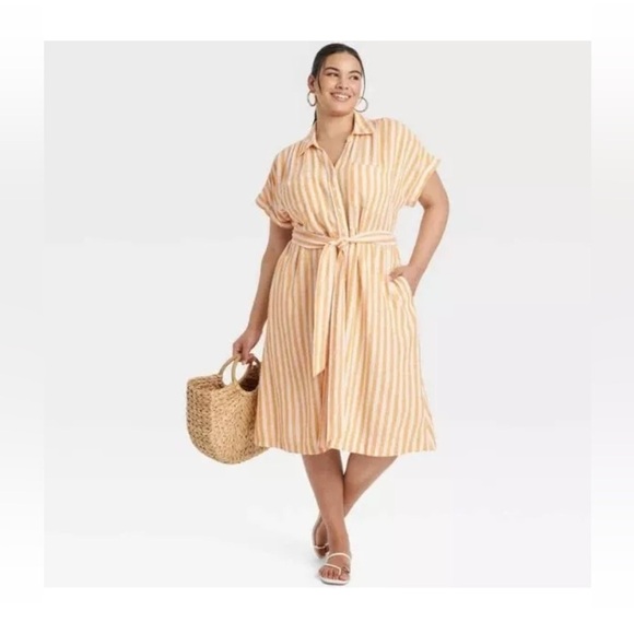 Ava & Viv Women's Short Sleeve Tie Front Midi Shirtdress Yellow White Striped 3X - Picture 2 of 9